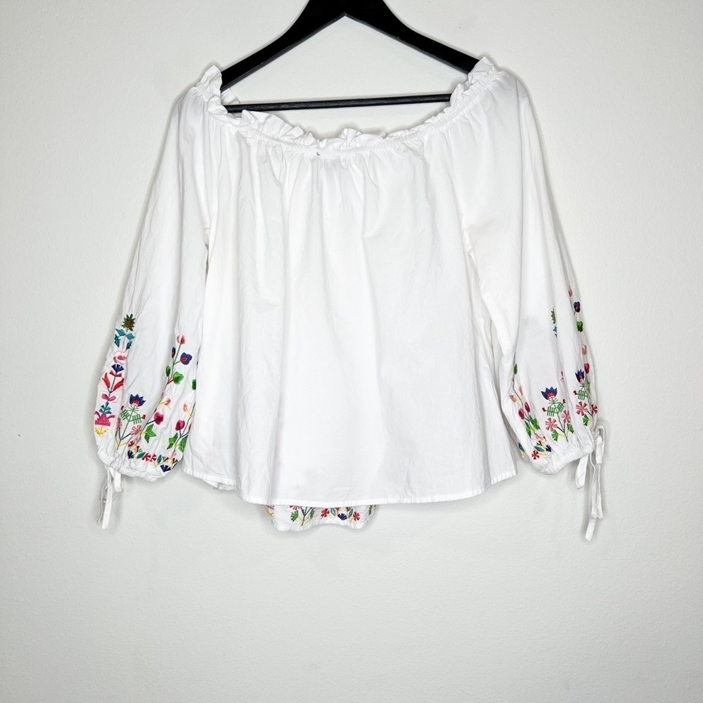 Timing Top Off the Shoulder Floral Embroidered Tie Sleeve White - Picture 5 of 5